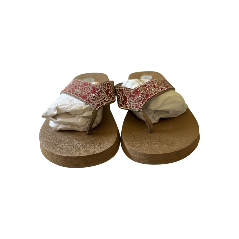 Women's Sandals Red Beaded Bling Thong Sandals Flip Flops Yellow Box Sz 8 - Picture 6 of 8